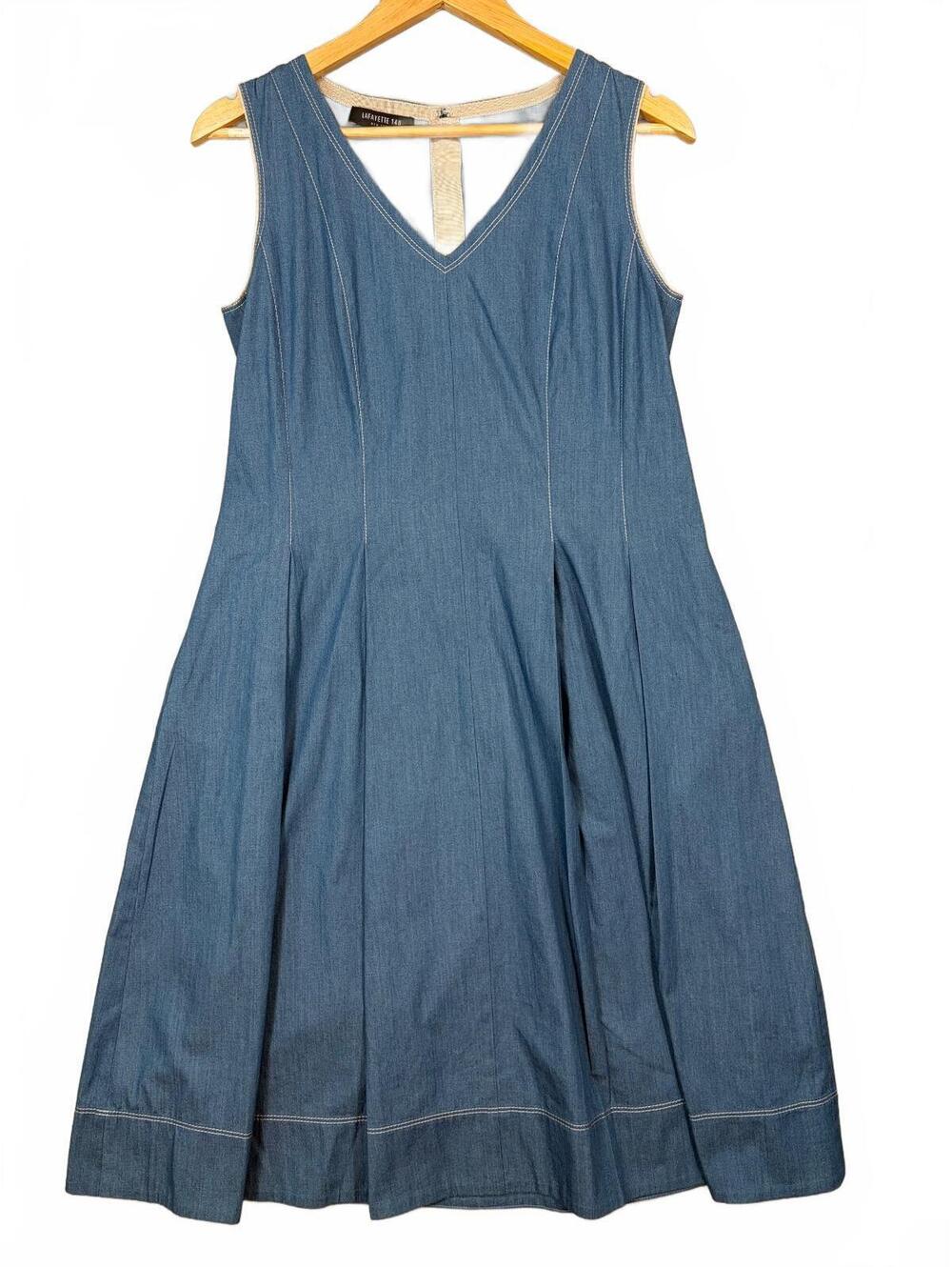 Lafayette 148 New York Dress Size S Blue Chambray Cotton Stretch Pleated A Line